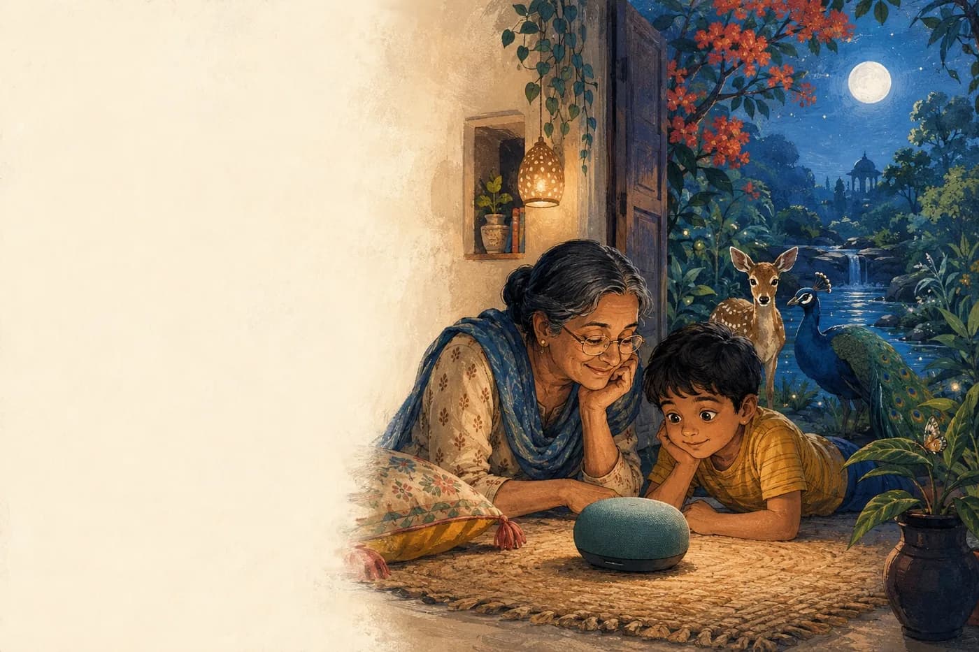 A child and grandparent listening together as a moonlit story world unfolds nearby